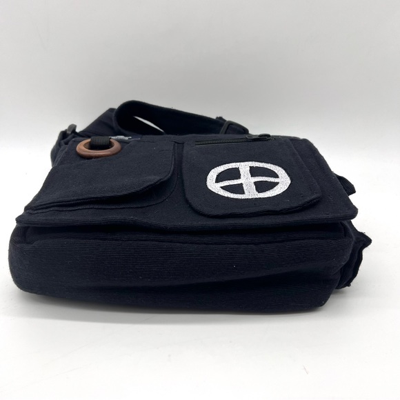 Lukla Black Messenger Bag with Peace Sign Embroidery - Picture 5 of 14